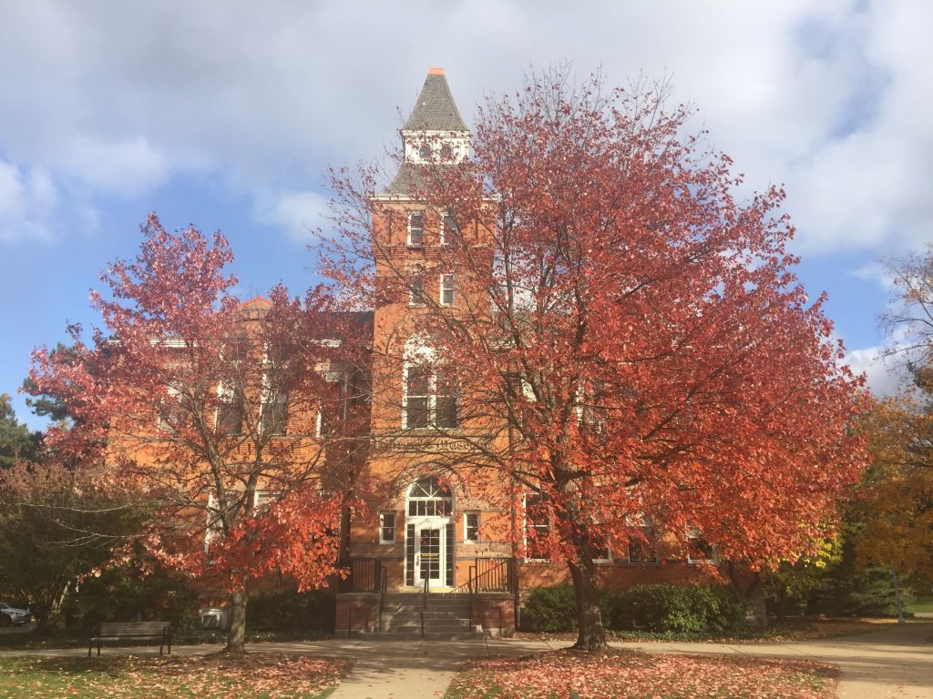 image of a MSU building in the fall with a large tree with changing red leaves and quote by Miranda Madro, class of 2017 on the right of the picture that reads: "Digital Hummanties is all about innovation, analysis, collaboration, broadening access to information, and data management. I apply all of these principles in my job."