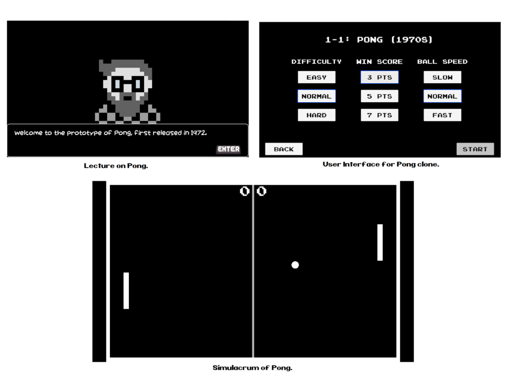 Three black and white pixelated screens, the first one says "welcome to the prototype of Pong, first released in 1972. The second screen has the menu options for Pong, and the third screen is a game of Pong in progress.