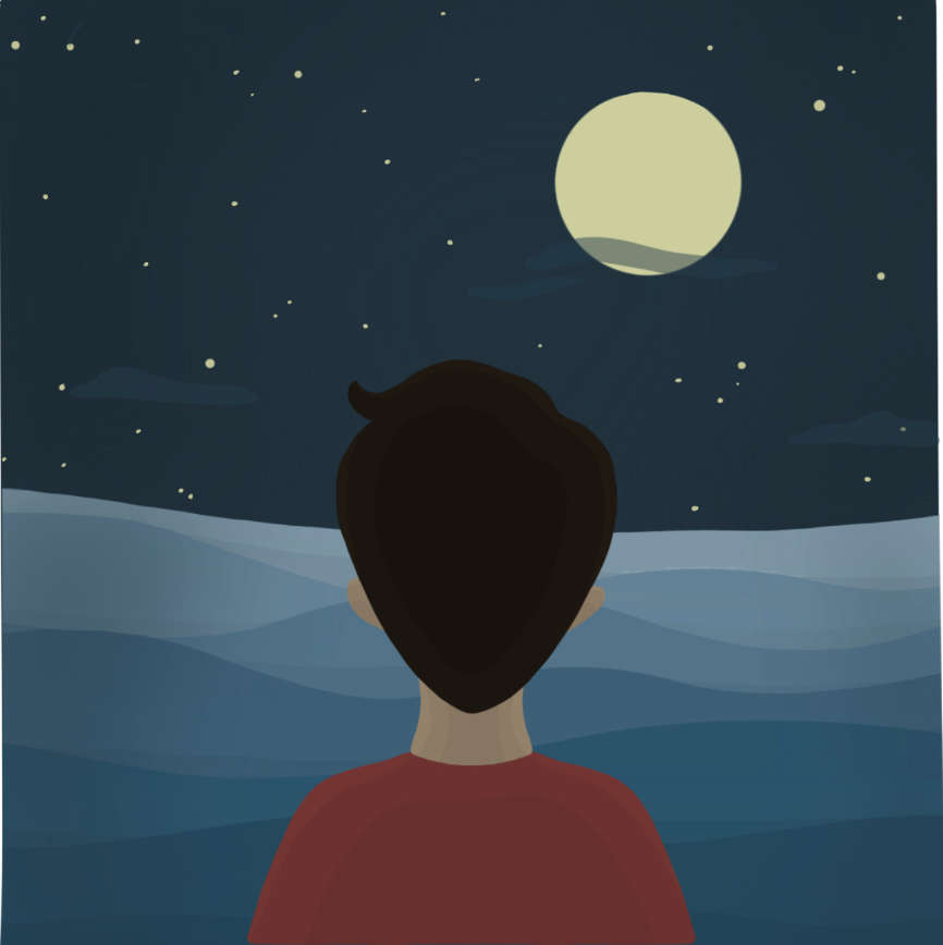 A person wearing a red shirt with dark hair stands with their back to the viewer. In the background are waves in various shades of blue below a dark blue sky dotted with stars and whispy clouds. The full moon, partially obscured by a cloud, hangs in the upper right corner.