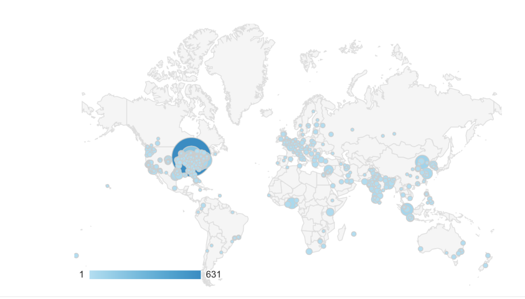 Global map showing website visits. Many dots around the world with a concentration on Michigan