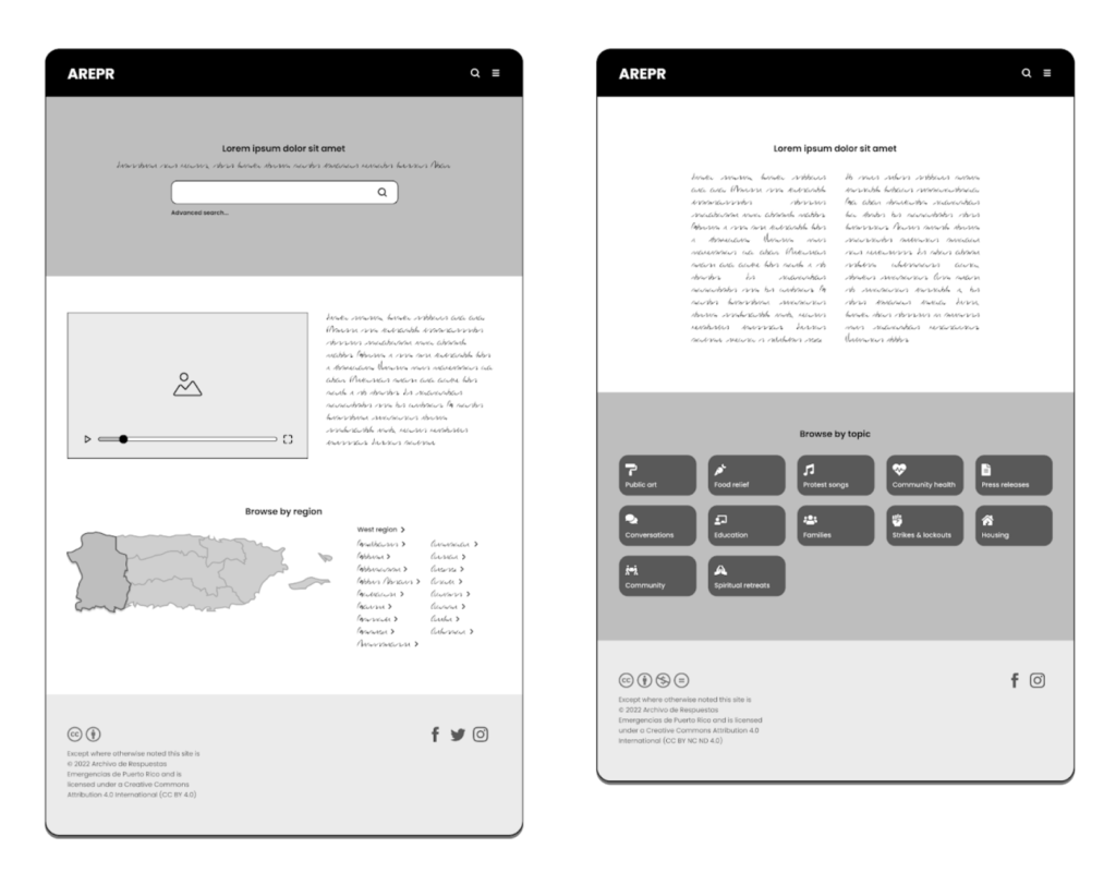 Wireframe of the PageBlocks module. Design elements shown include a jumbo search (top left), video with text (middle left), map (not developed), 2 or 3 column (top right) and browse by topic (bottom left).