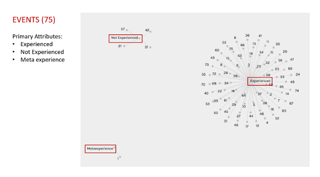 Network graph showing events' primary attributes of exeprienced, not experienced, or meta experience
