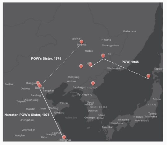 Fig. 9-c Movements of the characters through time and space in S3 visualized by ArcGIS