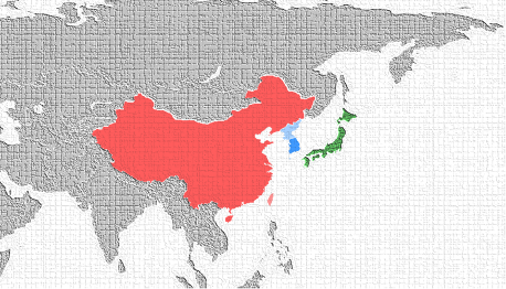 Geospatial connections between China (red), the Korean peninsula (blue), and Japan (green)