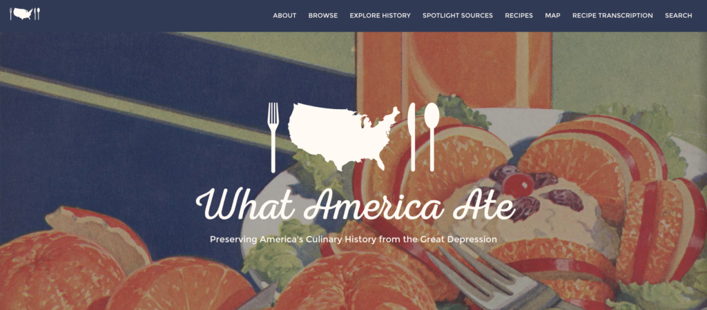 Screenshot of the website "What America Ate:
Preserving America's Culinary History from the Great Depression"