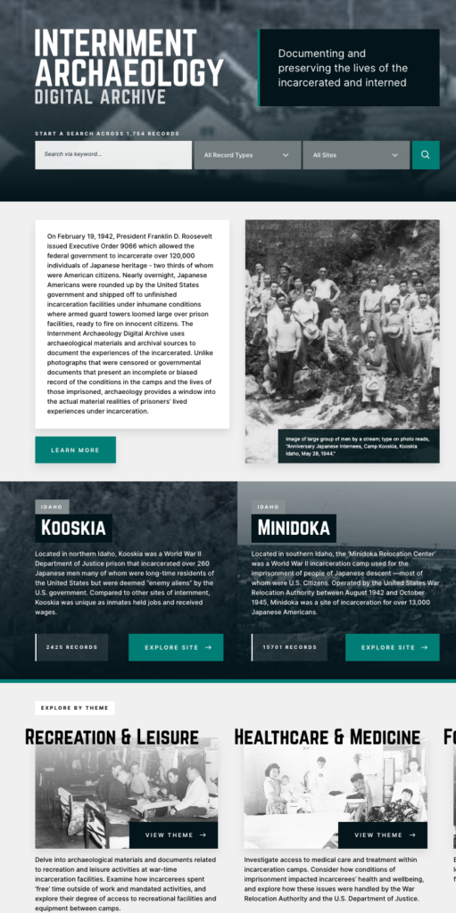 Screenshot of the Internment Archaeology Digital Archive website
