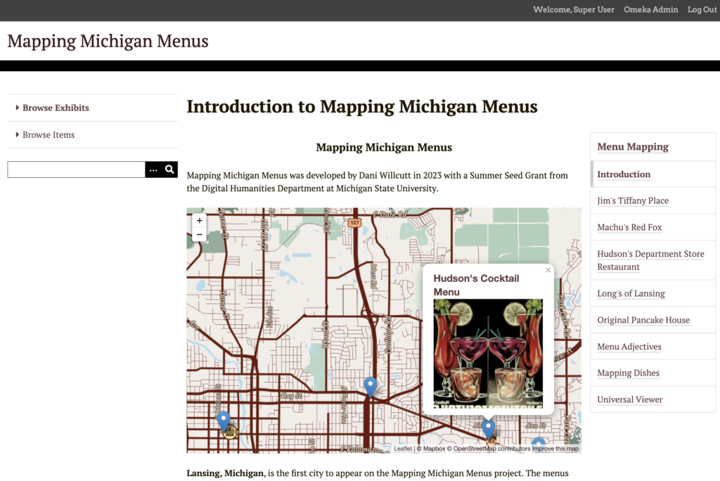 Screenshot showing homepage for Mapping Michigan Menus project, with a map of Lansing, Michigan in the center, showing points where restaurants were. One point is selected, showing Hudson's Cocktail Menu with an image of the front of the menu.