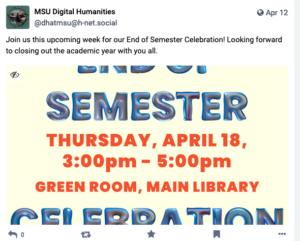 Screenshot of Mastodon social media post announcing the spring end of semester celebration