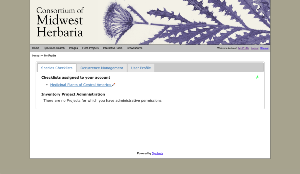 Screenshot of the species checklist page from the Consortium of Midwest Herbaria website