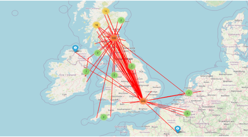 Map with clusters and connecting lines