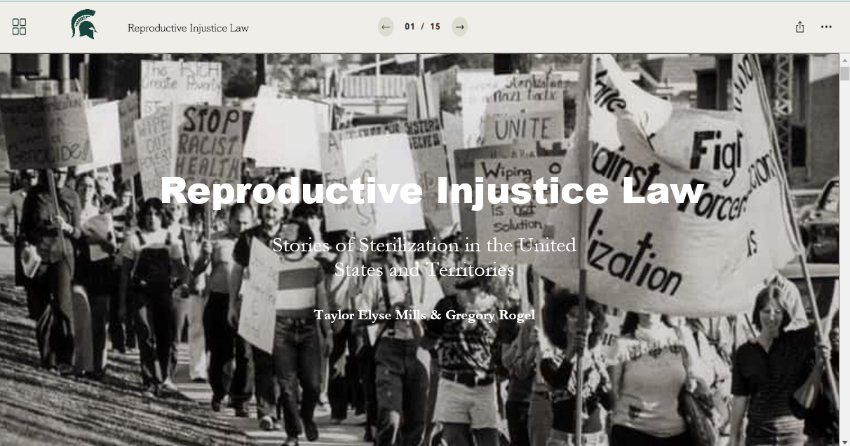 Screenshot of title page of the project, showing a protest against sterilization in the background